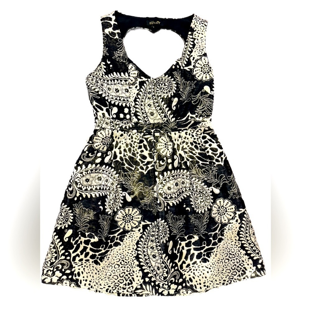 Elliatt Dress Size Large Heart Cutout Back Black Gold Jacquard Paisley Party